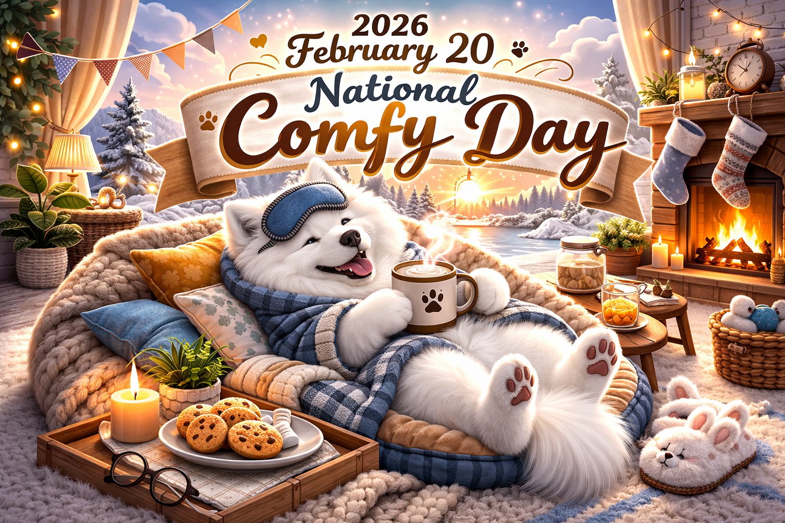 暖炉の前のソファで毛布にくるまりリラックスするサモエド犬と2026年2月20日快適さを満喫する日のサイン A Samoyed dog relaxing wrapped in a blanket on a sofa in front of a fireplace with a sign for February 20 2026 National Comfy Day