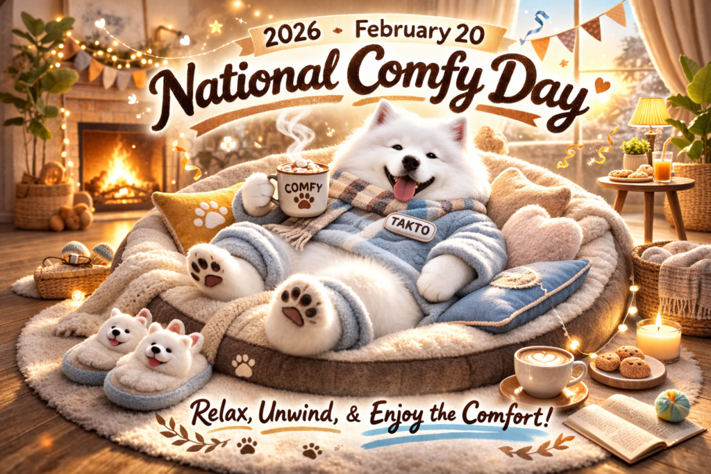 暖炉の前のソファで毛布にくるまりリラックスするサモエド犬と2026年2月20日快適さを満喫する日のサイン
A Samoyed dog relaxing wrapped in a blanket on a sofa in front of a fireplace with a sign for February 20 2026 National Comfy Day