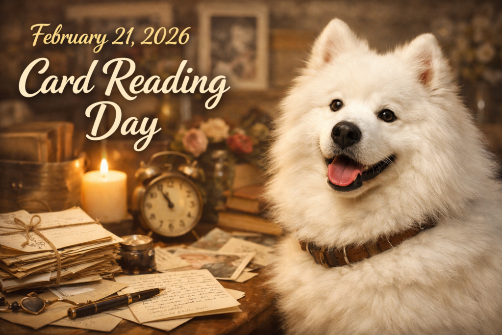 サモエド犬タクトが古い手紙の前で微笑んでいる