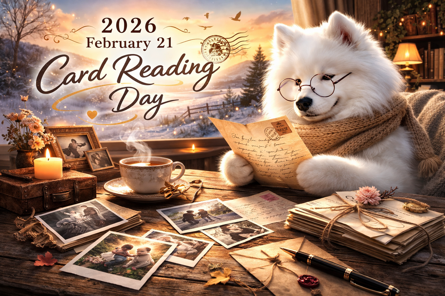 眼鏡をかけた白いサモエド犬が、アンティーク調の落ち着いた部屋で、変色した古い手紙の束を大切そうに読んでいる写真。窓から温かい光が差し込み、ノスタルジックな雰囲気が漂っている。