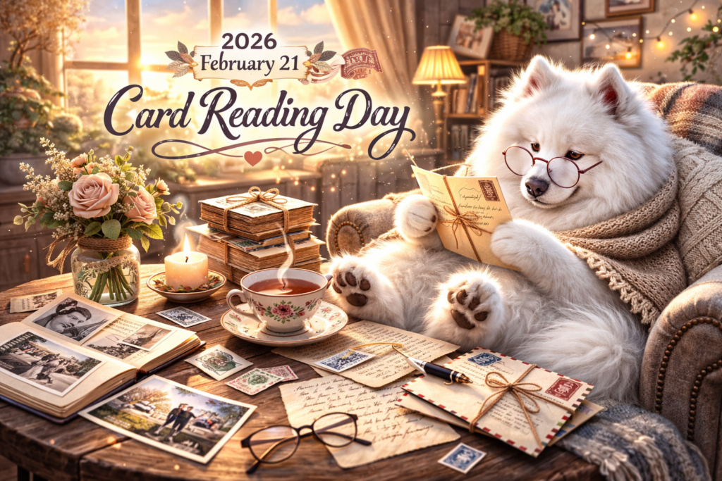 眼鏡をかけた白いサモエド犬が、アンティーク調の落ち着いた部屋で、変色した古い手紙の束を大切そうに読んでいる写真。窓から温かい光が差し込み、ノスタルジックな雰囲気が漂っている。