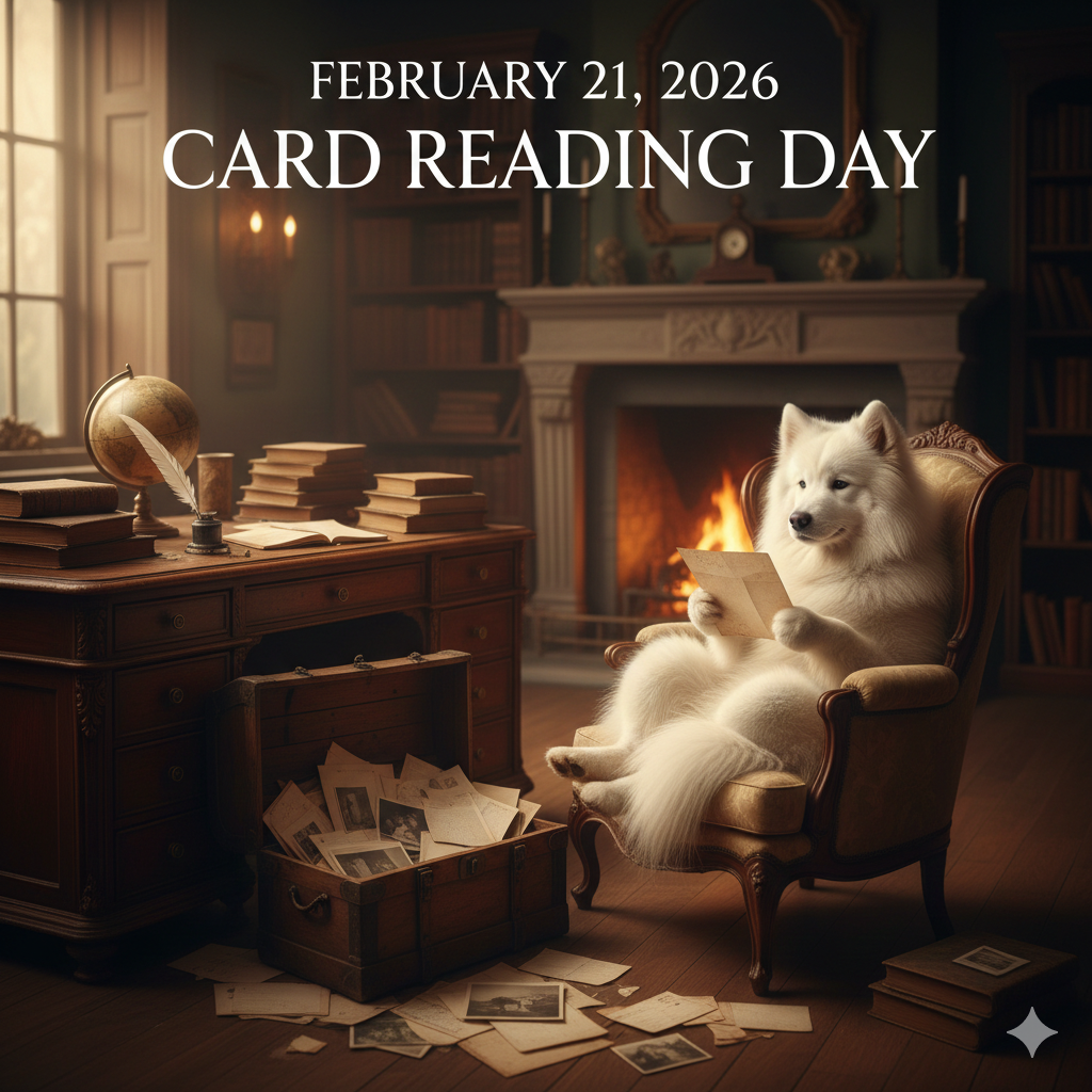 眼鏡をかけた白いサモエド犬が、アンティーク調の落ち着いた部屋で、変色した古い手紙の束を大切そうに読んでいる写真。窓から温かい光が差し込み、ノスタルジックな雰囲気が漂っている。