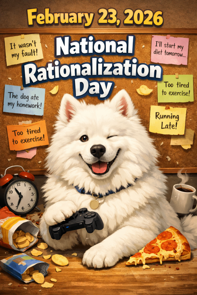 2026年2月23日の“全米・言い訳の日”をテーマにしたポスター。ウィンクする白い犬が、言い訳が書かれた付箋が貼られたコルクボードの前に座っている。周囲にはマグカップ、目覚まし時計、ゲームコントローラーなどが置かれている。