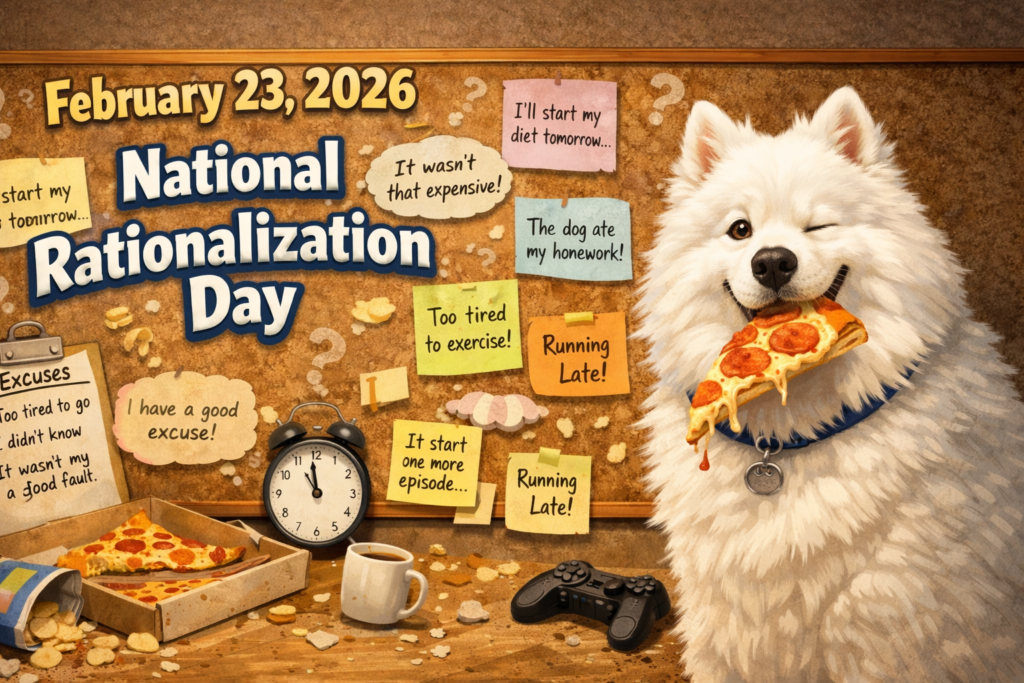 2026年2月23日の“全米・言い訳の日”をテーマにしたイラスト。ピザをくわえてウィンクする白い犬の周囲に、さまざまな言い訳が書かれた付箋や看板が散らばっている。背景にはコルクボード、時計、ゲームコントローラー、ポテトチップスなどが描かれている。