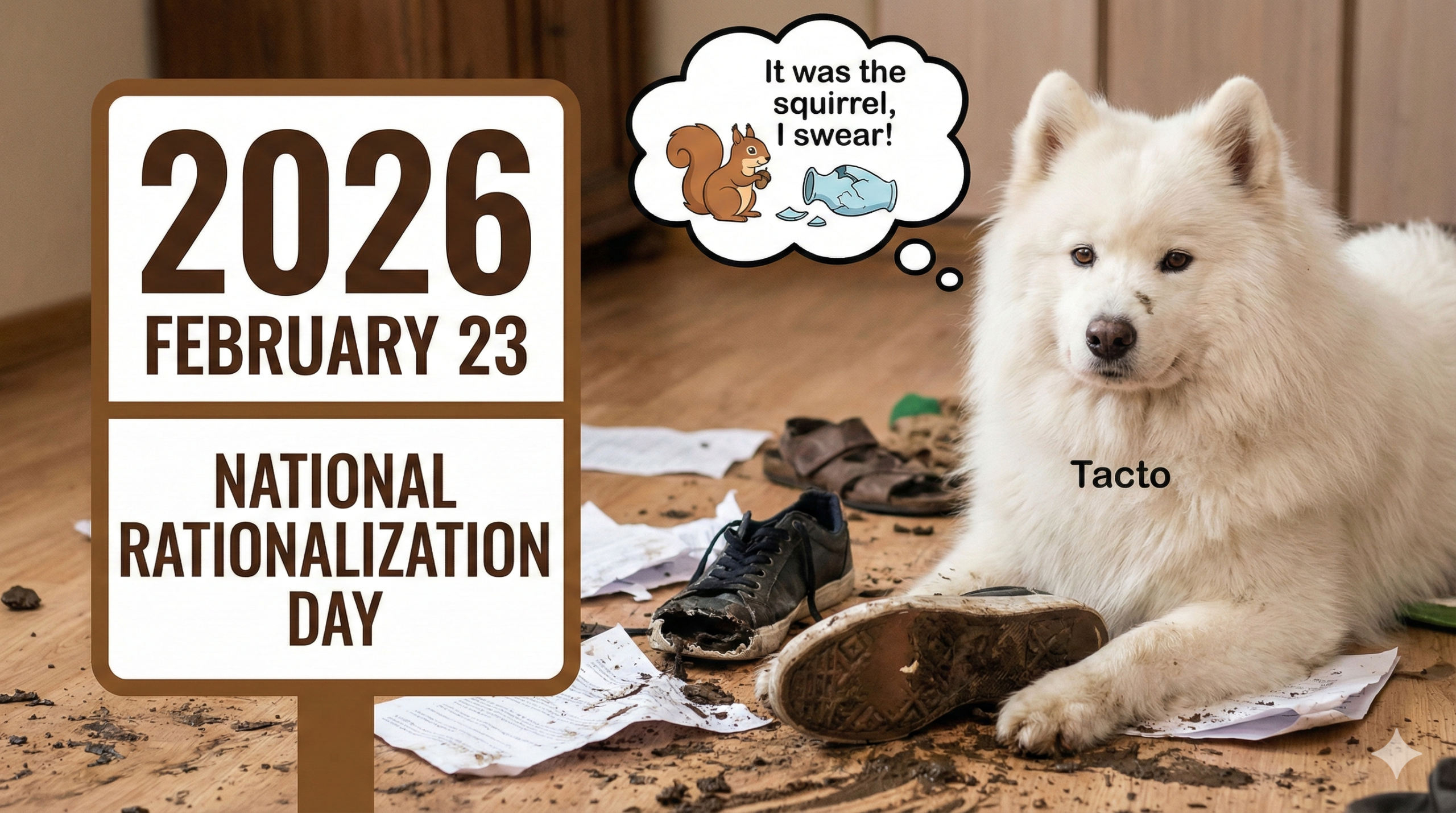 「全米・言い訳の日（National Rationalization Day）」のポスター。散らかった部屋でボロボロの靴の横に座るサモエド犬のタクトが、「リスのせいだよ、誓って！」と心の中で言い訳しているイラスト。