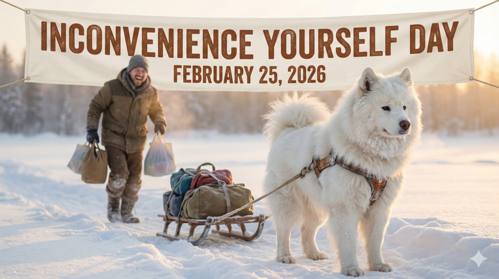 雪の中、大きな白い犬がそりを引いており、そりには買い物袋が積まれている。後ろには冬服を着た人物が雪道を歩いていて、上空には「INCONVENIENCE YOURSELF DAY FEBRUARY 25, 2026」と書かれたバナーが掲げられている。