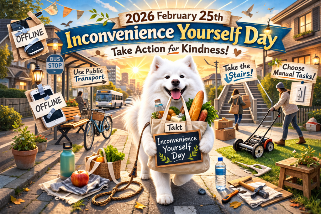 代替テキスト（altテキスト） 白いふわふわの犬が、買い物袋と「Inconvenience Yourself Day」と書かれた看板をくわえて歩いている。背景には「公共交通を使おう」「階段を使おう」「手作業を選ぼう」などの標識があり、人々がバス停に向かったり、芝刈りをしたりしている。スマートフォンには「OFFLINE」の紙が貼られている。 