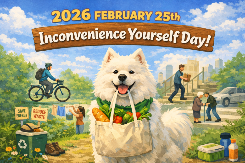 白いふわふわの犬が、野菜や果物が入ったエコバッグをくわえて立っている。背景には自転車に乗る人、洗濯物を干す女性、お年寄りを助ける人、階段を上る人の姿があり、「SAVE ENERGY」「REDUCE WASTE」の看板が見える。