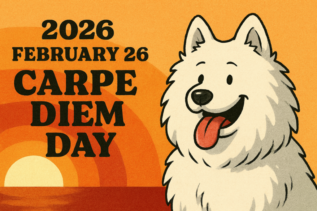 「舌を出して笑う白い犬が、夕焼け色の背景の前に描かれたイラスト。背景には水辺に沈む太陽があり、“2026 FEBRUARY 26 CARPE DIEM DAY”の文字が浮かんでいる」