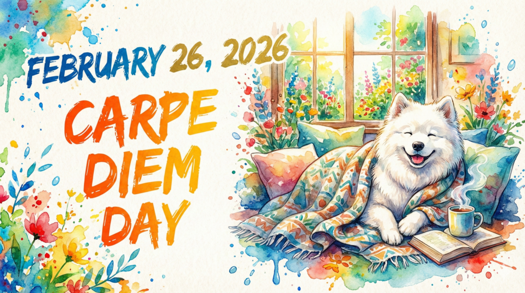 「毛布にくるまった白い犬がクッションに囲まれて座り、前には湯気の立つコーヒーと開いた本が置かれている。窓の外には花と緑が広がり、“February 26, 2026 Carpe Diem Day”の文字が描かれている、温かく穏やかな雰囲気のイラスト」