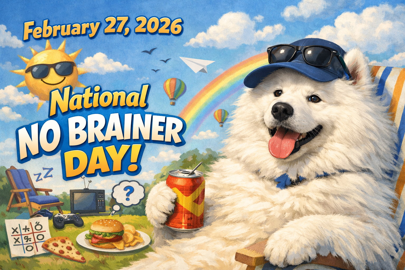 「キャップをかぶった白い犬が、ストライプのデッキチェアでくつろぎながらソーダを飲んでいる。背景にはサングラスをかけた太陽、虹、熱気球、紙飛行機、鳥が描かれている。周囲にはテレビ、ゲームコントローラー、ハンバーガーとポテト、ピザ、三目並べ、クエスチョンマークの吹き出しがある。」