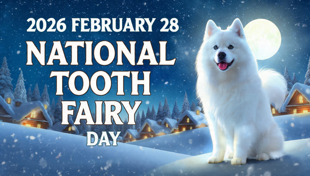 画面左側に「2026 FEBRUARY 28 NATIONAL TOOTH FAIRY DAY」と大きく書かれたイラスト。右側には雪の丘に座る白いサモエド犬がおり、背後には満月が輝いています。背景には雪が降る夜空と、窓から温かい明かりが漏れる雪に覆われた山小屋が描かれています。