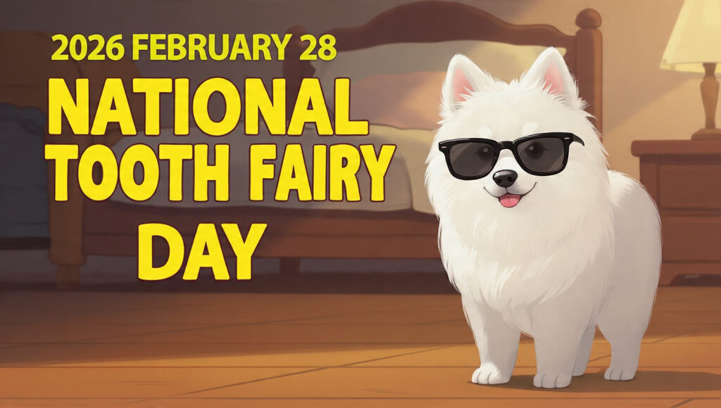 黄色い大きな文字で「2026 FEBRUARY 28 NATIONAL TOOTH FAIRY DAY」と書かれた画像。右側には、黒いサングラスをかけて微笑んでいる白いふわふわの犬が立っています。背景にはベッドやランプがある温かみのある寝室が描かれています。