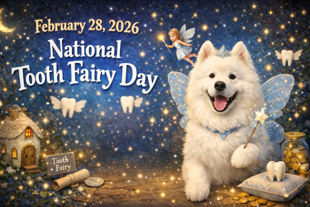 キラキラと星が輝く夜空を背景にしたイラスト。左上に「February 28, 2026 National Tooth Fairy Day」の文字。右側には青い妖精の羽と王冠を身につけ、魔法の杖を持った白いサモエド犬がいます。周囲には小さな妖精、羽の生えた歯、妖精の小さな家、「Tooth Fairy」の看板、金貨などが描かれています。