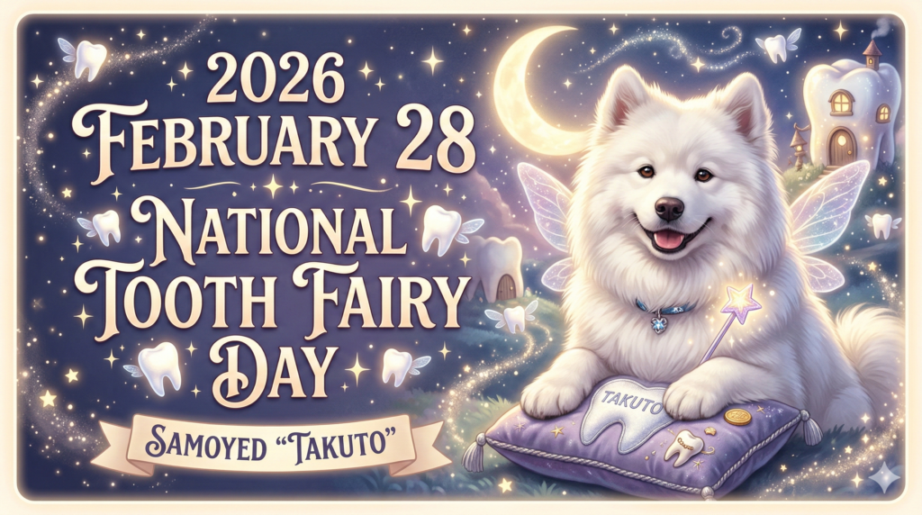 2026年2月28日の「全米歯の妖精の日」を記念したイラスト。中央には羽と王冠を身につけ、口に歯をくわえた白いサモエド犬が描かれており、周囲には妖精や擬人化された歯のキャラクター、キラキラとした魔法の光が散りばめられています。
