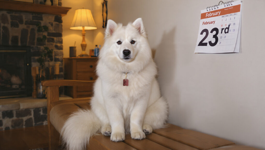 2月23日のカレンダーが掛かった壁の前で、姿勢を正して真剣な表情で座るサモエド犬。『言い訳にサヨナラすればあなたの人生は輝く』のイメージ。