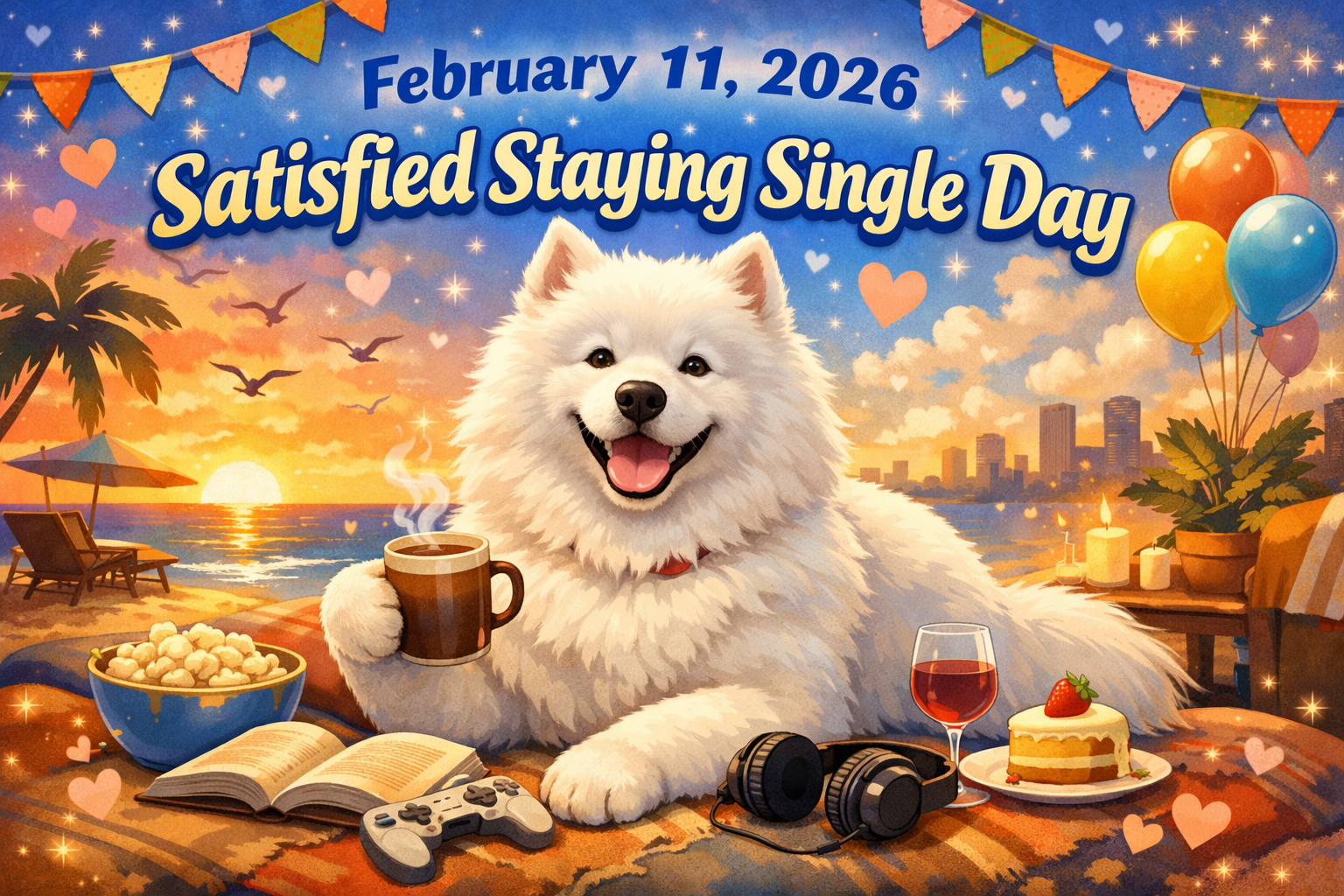 「独身で満足の日を、ヘッドホンをして楽しむサモエドのタクト」