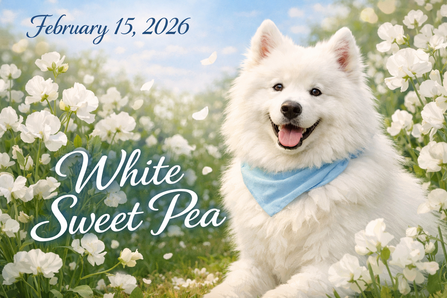 2月15日の誕生花は「白いスイートピー（White Sweet Pea）」花言葉は「ほのかな喜び」「優しい思い出」【サモエド「タクト」の毎日が記念日】