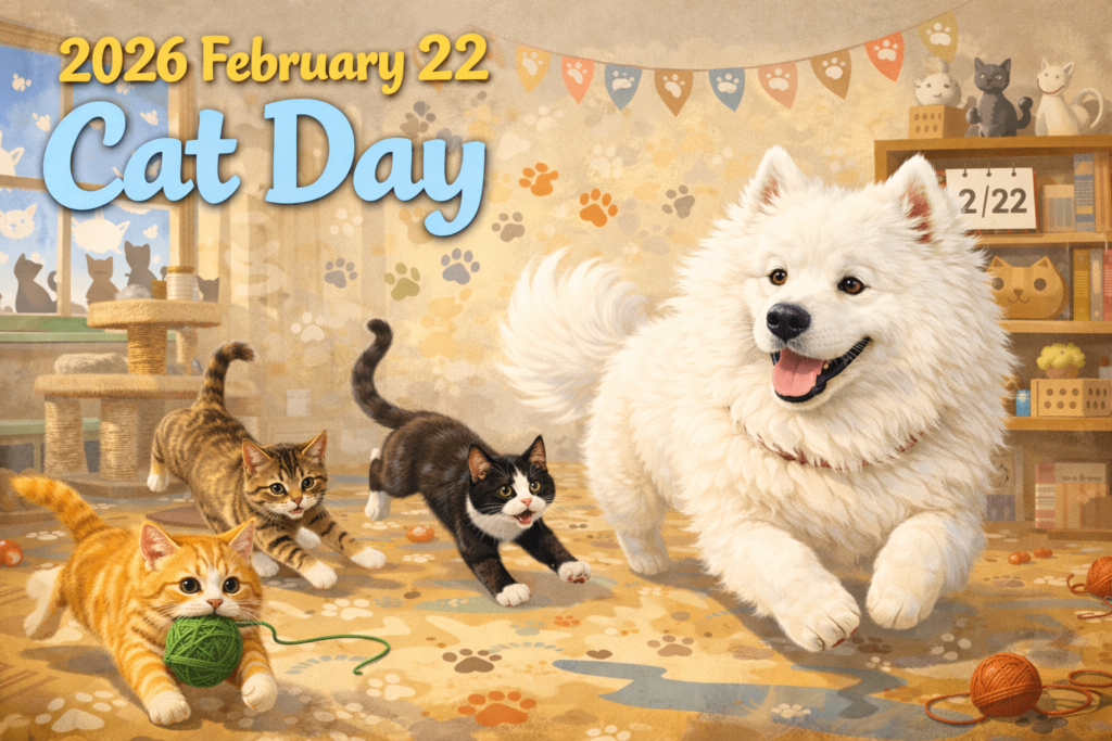 右側に座る白いサモエドのタクトが、いたずら好きな子猫たちを優しく見守る様子。2026年2月22日「Cat Day」の文字入り。 (A gentle white Samoyed named Takuto watching playful kittens. Includes text "2026 February 22" and "Cat Day".)