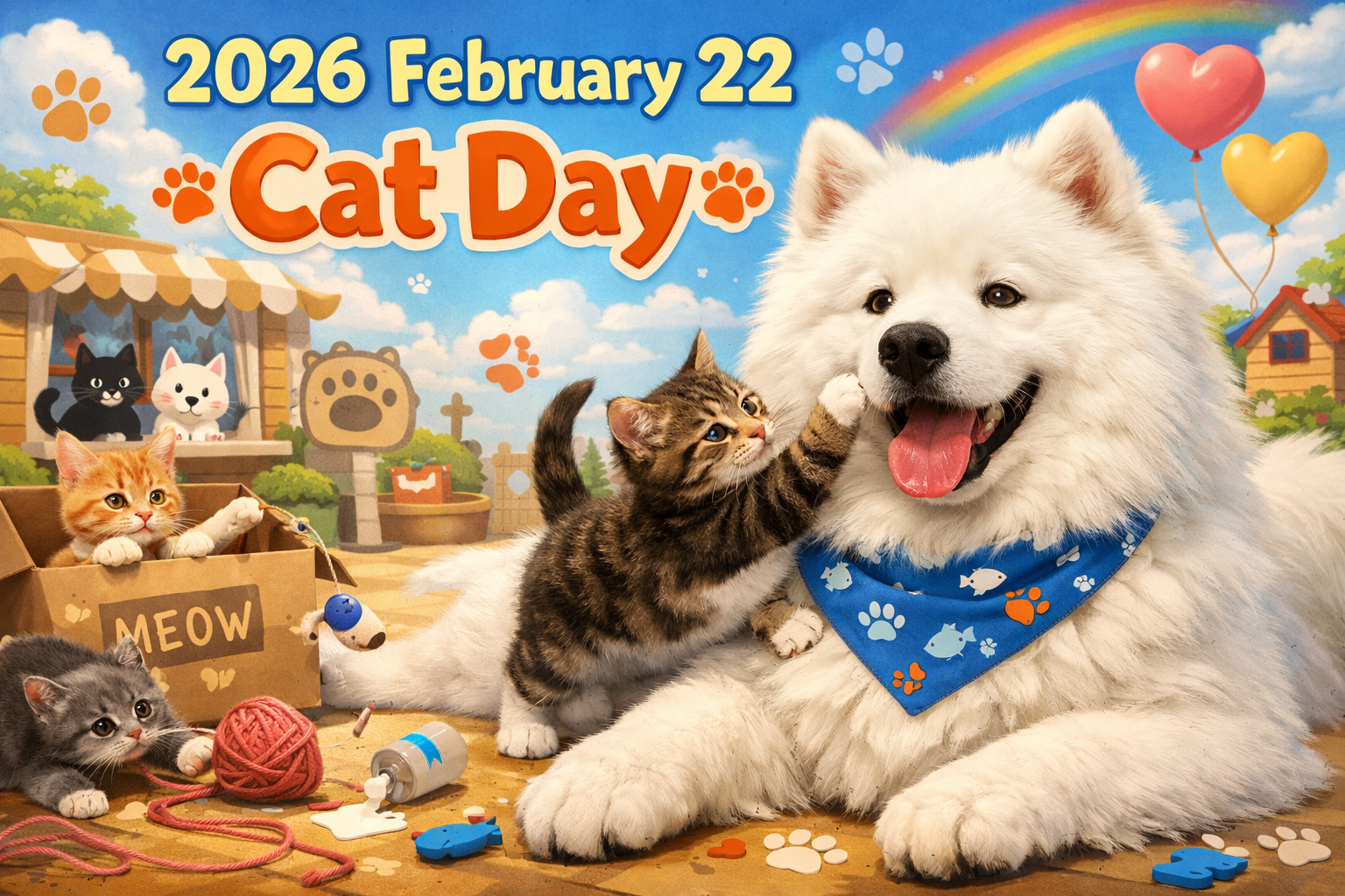 右側に座る白いサモエドのタクトが、いたずら好きな子猫たちを優しく見守る様子。2026年2月22日「Cat Day」の文字入り。 (A gentle white Samoyed named Takuto watching playful kittens. Includes text "2026 February 22" and "Cat Day".)