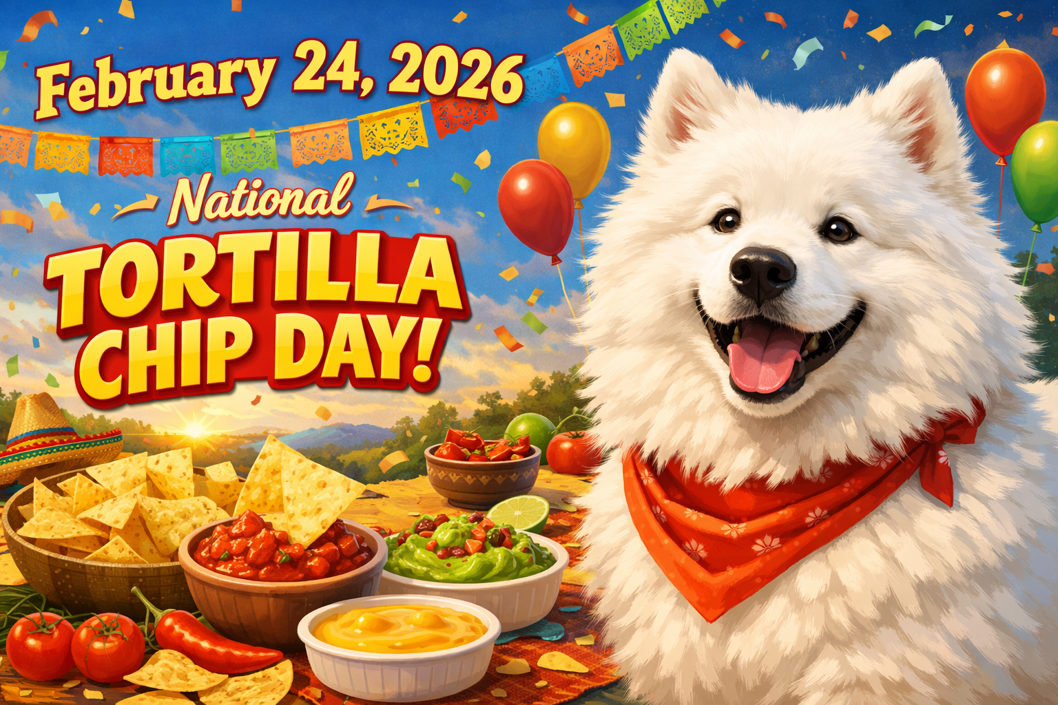 青空の下、赤いバンダナを巻いた白いサモエド犬のタクトが右側で微笑んでいる。手前にはボウルに入ったトルティーヤチップス、サルサ、ワカモレ、チーズディップが並び、背景には「February 24, 2026」「National TORTILLA CHIP DAY!」の文字とカラフルな旗、風船が飾られている。