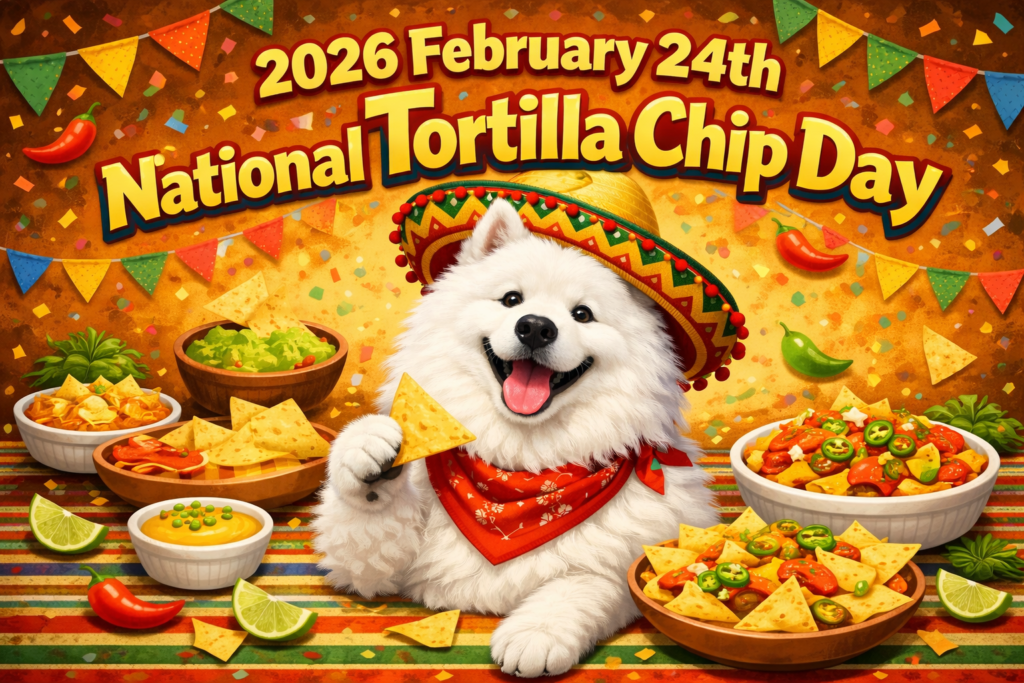 ソンブレロを被り赤いバンダナを巻いたサモエド犬のタクトが、前足でトルティーヤチップスを1枚持って微笑んでいる。周囲には色鮮やかなナチョス料理やサルサ、ライムが配置され、背景には「2026 February 24th National Tortilla Chip Day」の文字と紙吹雪が舞っている。