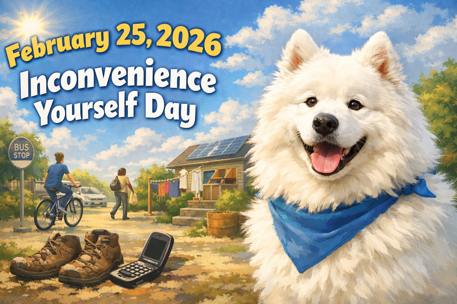 青空の下、青いバンダナを巻いた白い犬が笑顔で座っている。そばには登山靴と古い携帯電話が置かれ、背景には自転車に乗る人と、エコバッグを持ってバス停に向かう人の姿。太陽光パネルのある家や物干し竿も見える。