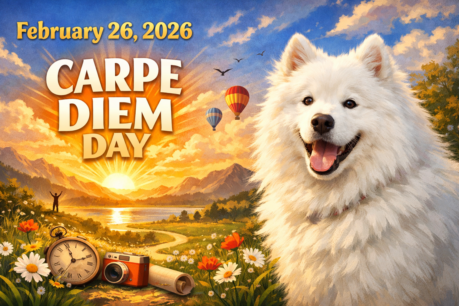 「白い犬が前景に立ち、後ろには山から昇る朝日、花畑、熱気球、鳥、そして両手を広げた人物が描かれた、2026年2月26日の“Carpe Diem Day”を祝うイラスト」 キャプション 「2026年2月26日、Carpe Diem Dayを祝う希望に満ちた朝の風景。大きな白い犬と共に、今この瞬間を楽しもう！」