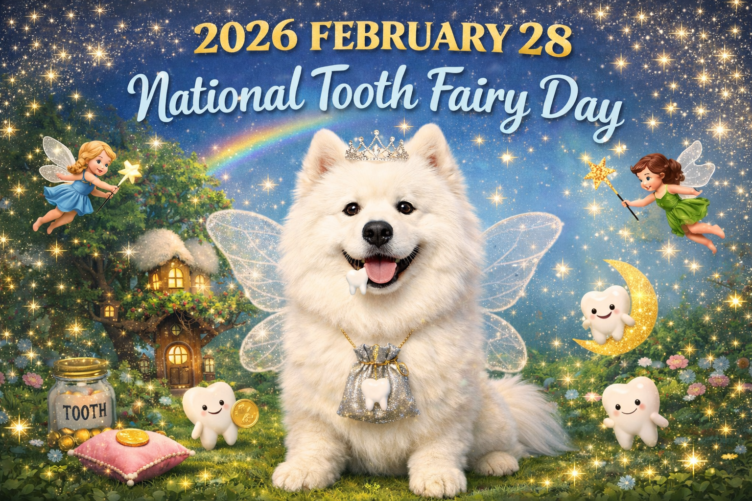 2026年2月28日の「全米歯の妖精の日」を記念したイラスト。中央には羽と王冠を身につけ、口に歯をくわえた白いサモエド犬が描かれており、周囲には妖精や擬人化された歯のキャラクター、キラキラとした魔法の光が散りばめられています。