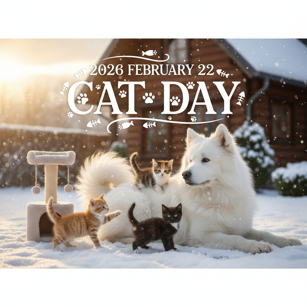 右側に座る白いサモエドのタクトが、いたずら好きな子猫たちを優しく見守る様子。2026年2月22日「Cat Day」の文字入り。 (A gentle white Samoyed named Takuto watching playful kittens. Includes text "2026 February 22" and "Cat Day".)