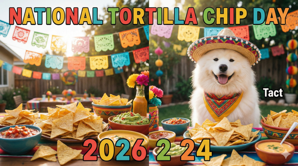 ソンブレロとバンダナをつけたサモエド犬のTactが、トルティーヤチップスやサルサ、ワカモレが並ぶパーティーテーブルの右側に座っている。背景にはカラフルなパペルピカドが飾られ、画像上部には「NATIONAL TORTILLA CHIP DAY」、下部には「2026 2 24」と大きく英語で書かれている。