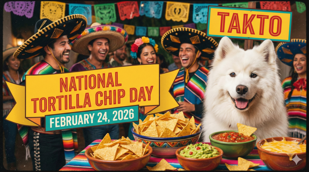 ソンブレロとバンダナをつけたサモエド犬のTactが、トルティーヤチップスやサルサ、ワカモレが並ぶパーティーテーブルの右側に座っている。背景にはカラフルなパペルピカドが飾られ、画像上部には「NATIONAL TORTILLA CHIP DAY」、下部には「2026 2 24」と大きく英語で書かれている。