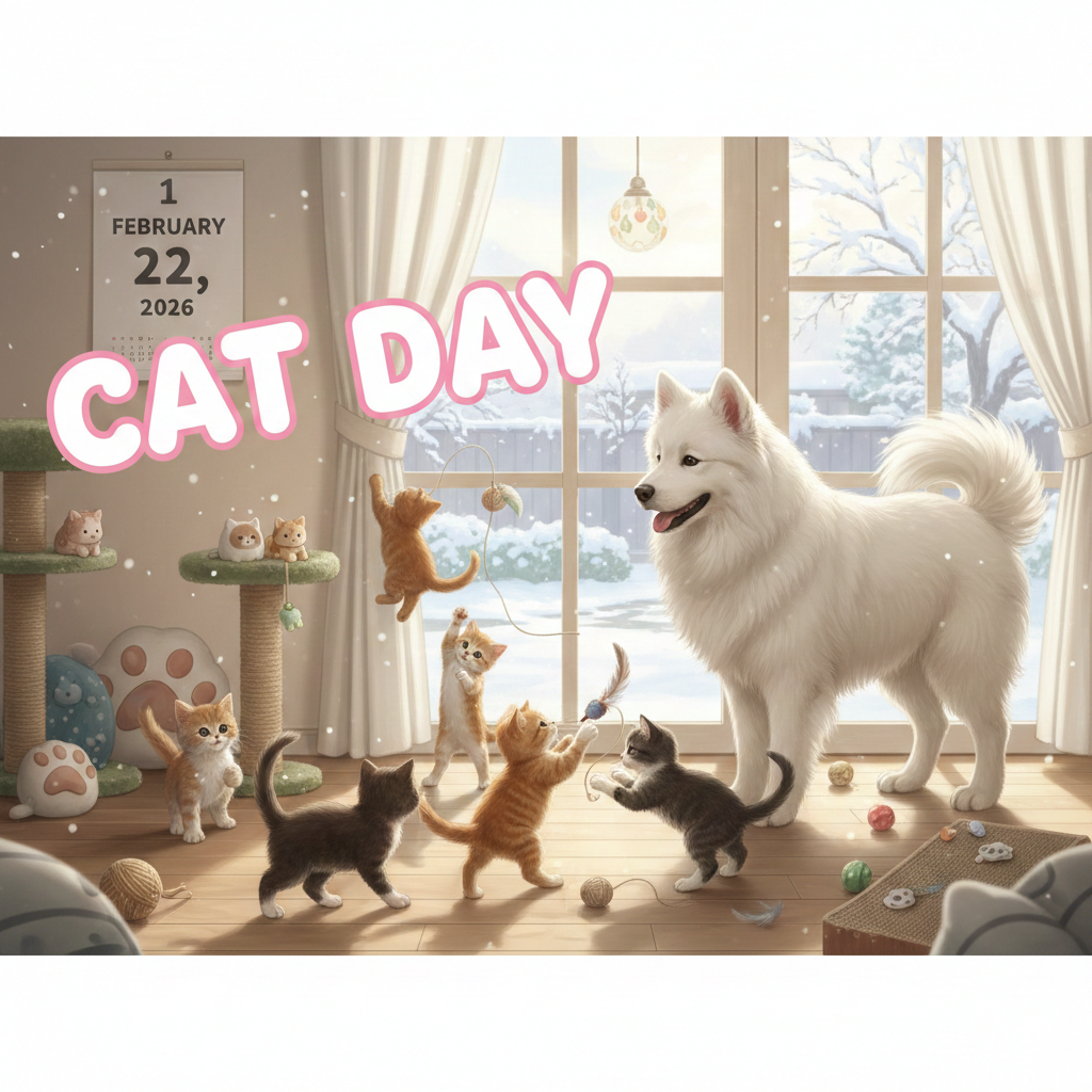 右側に座る白いサモエドのタクトが、いたずら好きな子猫たちを優しく見守る様子。2026年2月22日「Cat Day」の文字入り。 (A gentle white Samoyed named Takuto watching playful kittens. Includes text "2026 February 22" and "Cat Day".)
