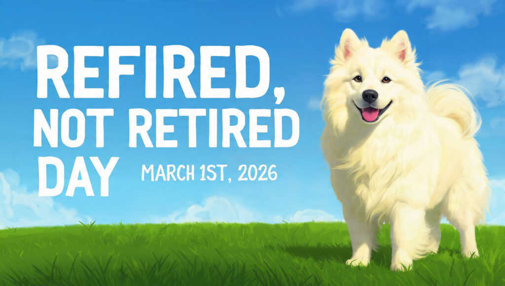 「REFIRED, NOT RETIRED DAY MARCH 1ST, 2026」という文字と、青空の下の草原に立つサモエド犬