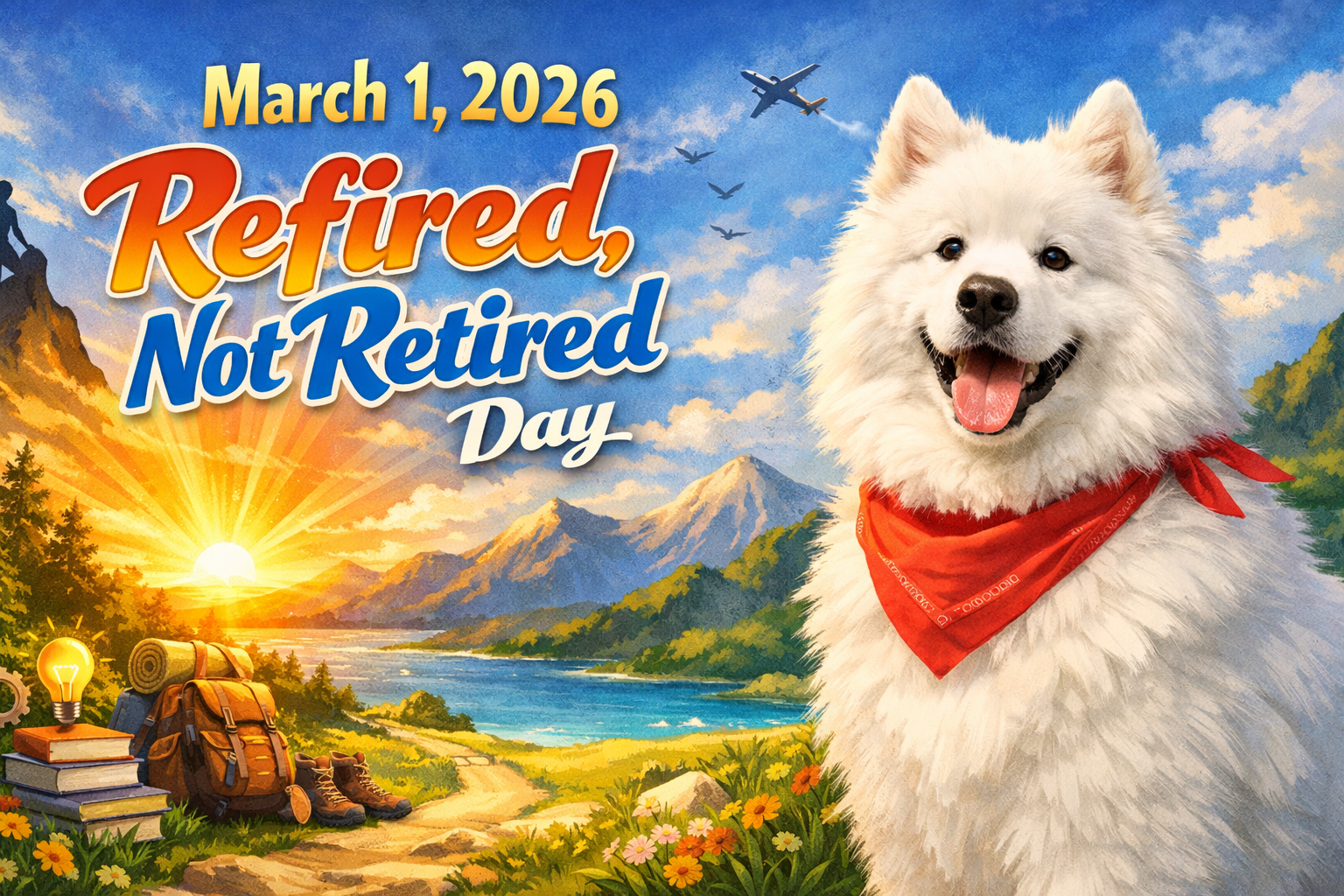 「March 1, 2026 Refired, Not Retired Day」の文字。朝日が昇る山と湖の風景を背景に、赤いバンダナを巻いたサモエド犬と、リュックサックや本などの旅のアイテムが描かれたイラスト。