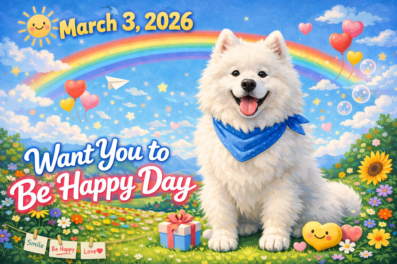 「March 3, 2026」「Want You to Be Happy Day」というテキストと共に、虹のかかった花畑で青いバンダナを巻いて笑顔を見せる白い犬のポップなイラスト。