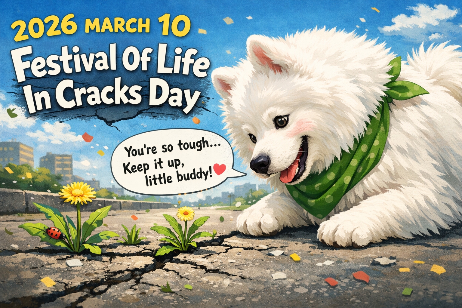 アスファルトのひび割れから咲くタンポポを、白いふわふわの犬が笑顔で見守っているイラスト。上部には「2026 MARCH 10 Festival Of Life In Cracks Day」という文字があります。