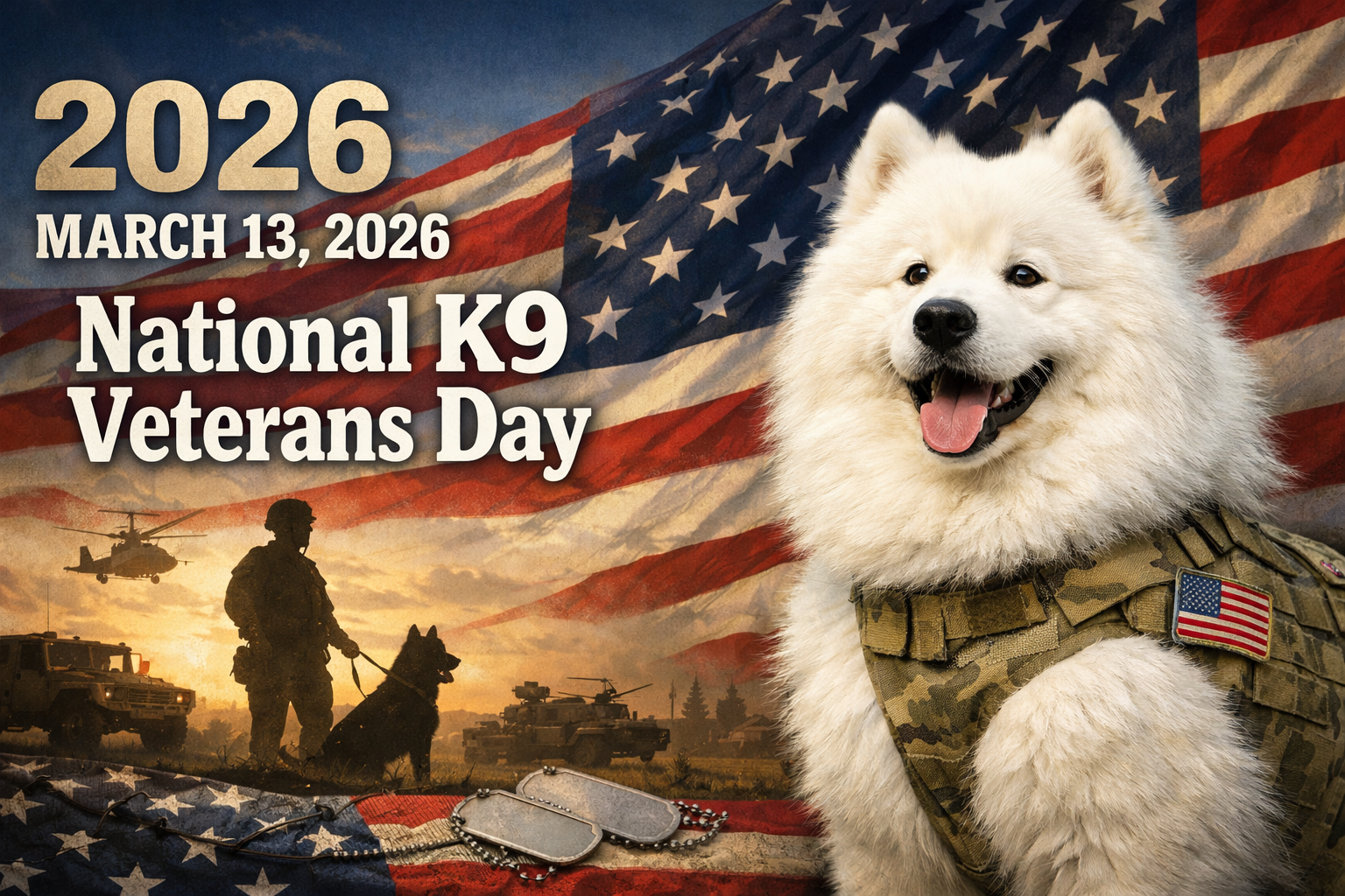 巨大なアメリカ国旗を背景に、タクティカルベストを着用した白い大型犬のアップ。背景には夕暮れ時の戦地を背景にした兵士と軍用犬のシルエットが描かれている。