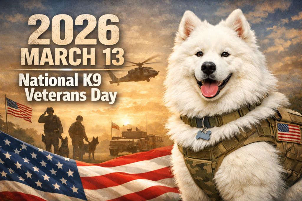 星条旗が下部にたなびく夕暮れ時、タクティカルベストを着用した白い大型犬のアップ。背景には、敬礼する兵士と軍用犬のコンビ、軍用ヘリコプター、装甲車が描かれている。左上には「2026 MARCH 13 National K9 Veterans Day」の文字。