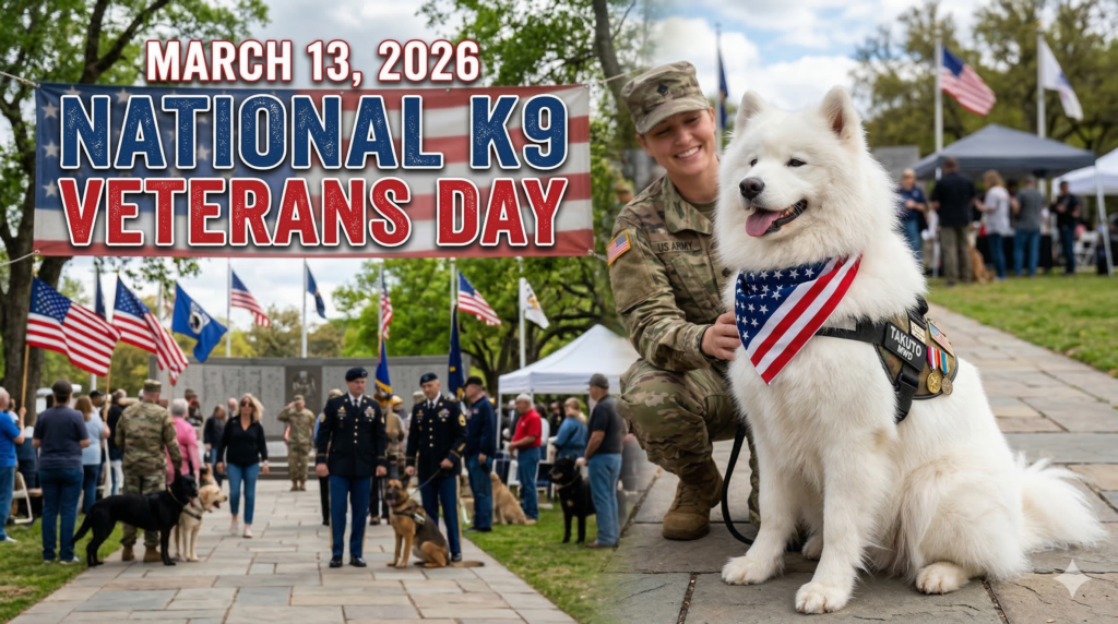 屋外の式典会場で、女性兵士に寄り添う白い大型犬。犬は星条旗柄のスカーフと、「TAKUTO MWD」の名札がついた勲章付きのハーネスを着用している。