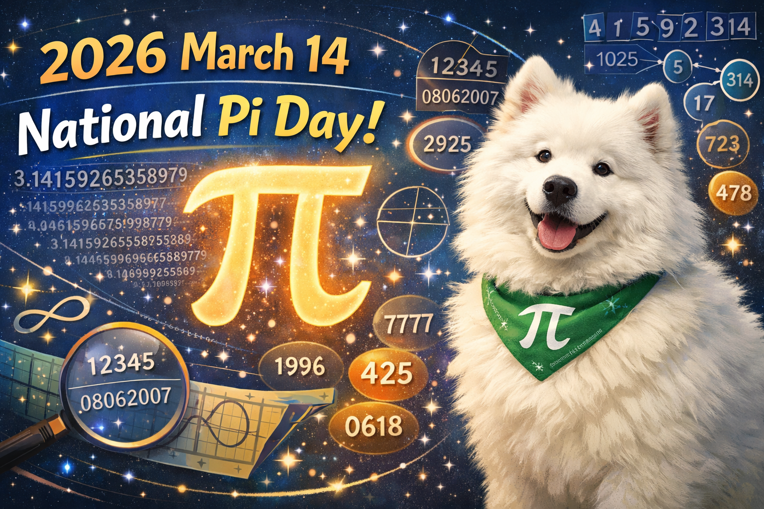 「NATIONAL PI DAY」の大きな文字がある部屋で、茶色のバンダナを巻いたサモエド犬が座っている様子。