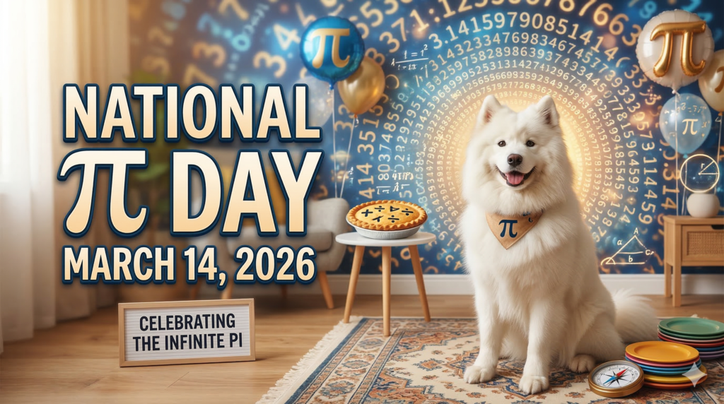 「NATIONAL PI DAY」の大きな文字がある部屋で、茶色のバンダナを巻いたサモエド犬が座っている様子。
