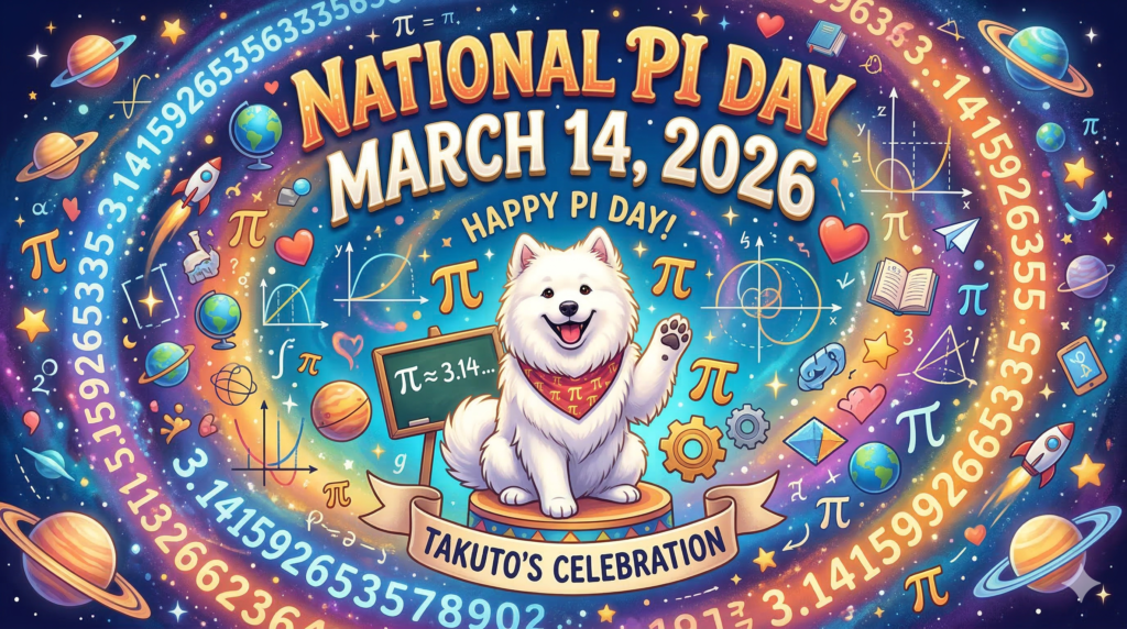 惑星や星々が舞うカラフルな宇宙の渦の中心で、手を振るサモエド犬のイラスト。