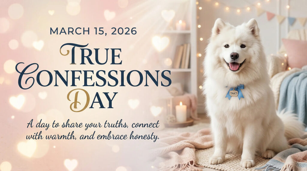 明るい日差しとハートの光を背景にした白いサモエド犬。「MARCH 15, 2026 True Confessions Day」というメッセージが添えられている。