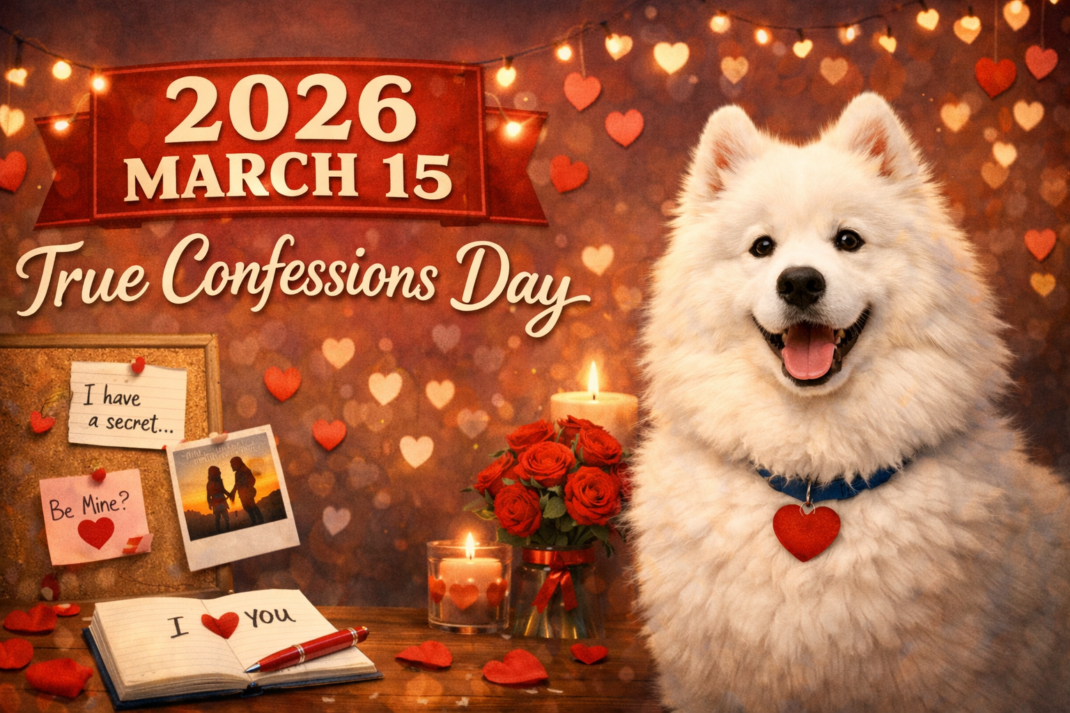 2026年3月15日「True Confessions Day」の文字、ハートのイルミネーション、バラ、秘密のメモ、そして笑顔の白いサモエド犬。