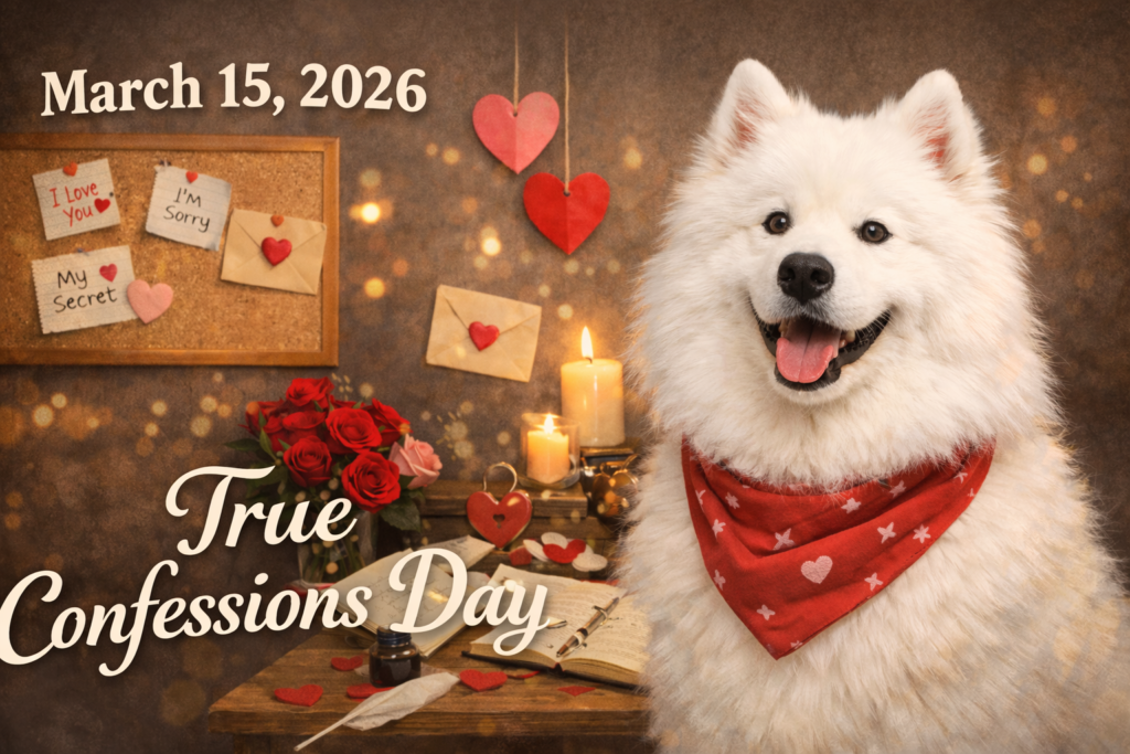 赤いハート柄のバンダナを巻いた笑顔のサモエド犬。背景には「March 15, 2026 True Confessions Day」の文字と、手紙やバラが飾られている。
