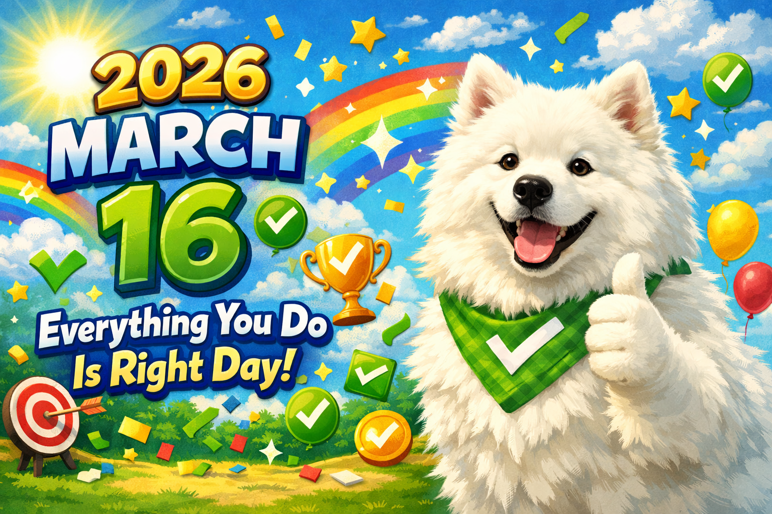 青空と虹を背景に、親指を立てる「グッド」ポーズのイラストと白いサモエド犬。手前には矢が当たった的（ターゲット）が描かれている。