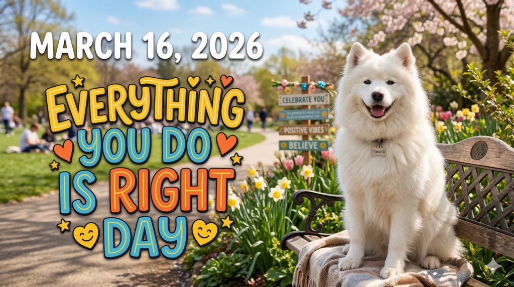 満開の桜やチューリップが咲く春の公園で、木製のベンチに座る白いサモエド犬。横にはカラフルなフォントで「Everything You Do Is Right Day」と書かれている。