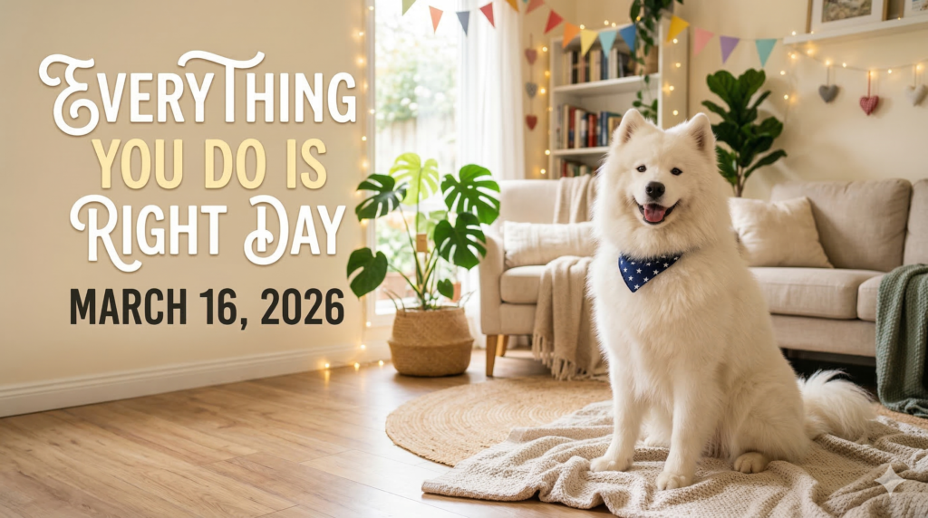 ガーランドや観葉植物でお洒落に飾られたリビングルームで、星柄のバンダナを巻いた白いサモエド犬がラグの上に座っている。