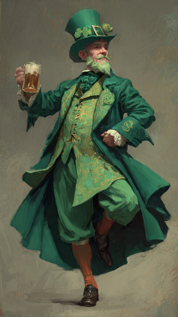 緑色の大きな帽子と派手な刺繍のベストを着て、ビールジョッキを掲げながら踊るレプラコーン風の年配男性。